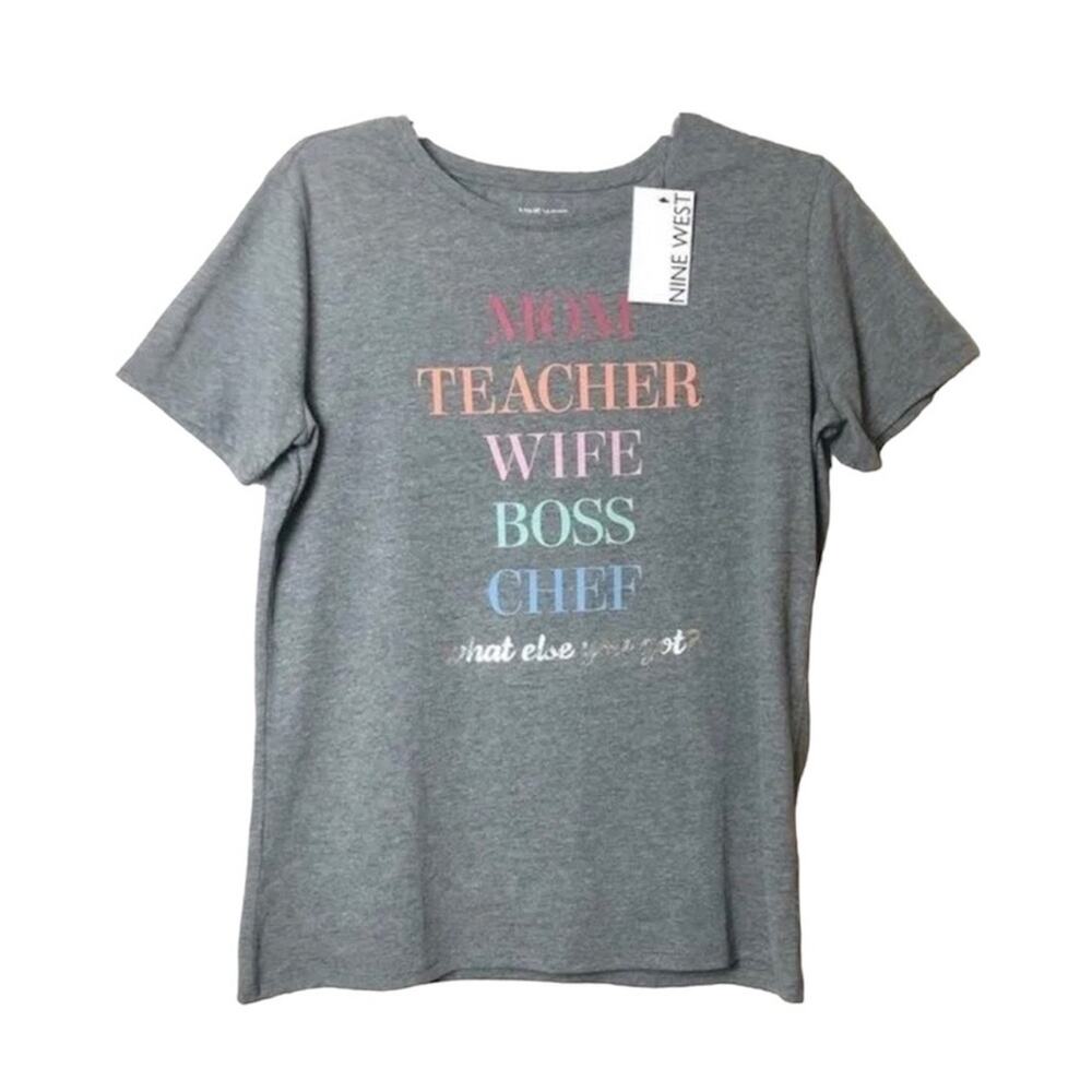 Nine West Womens Short Sleeve Crewneck Teacher Inspiration Gray Graphic Tee Sz M
